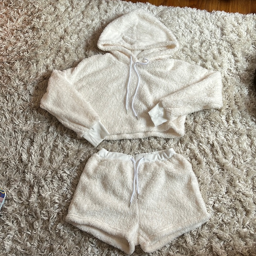SHEIN fuzzy crop top and matching shorts